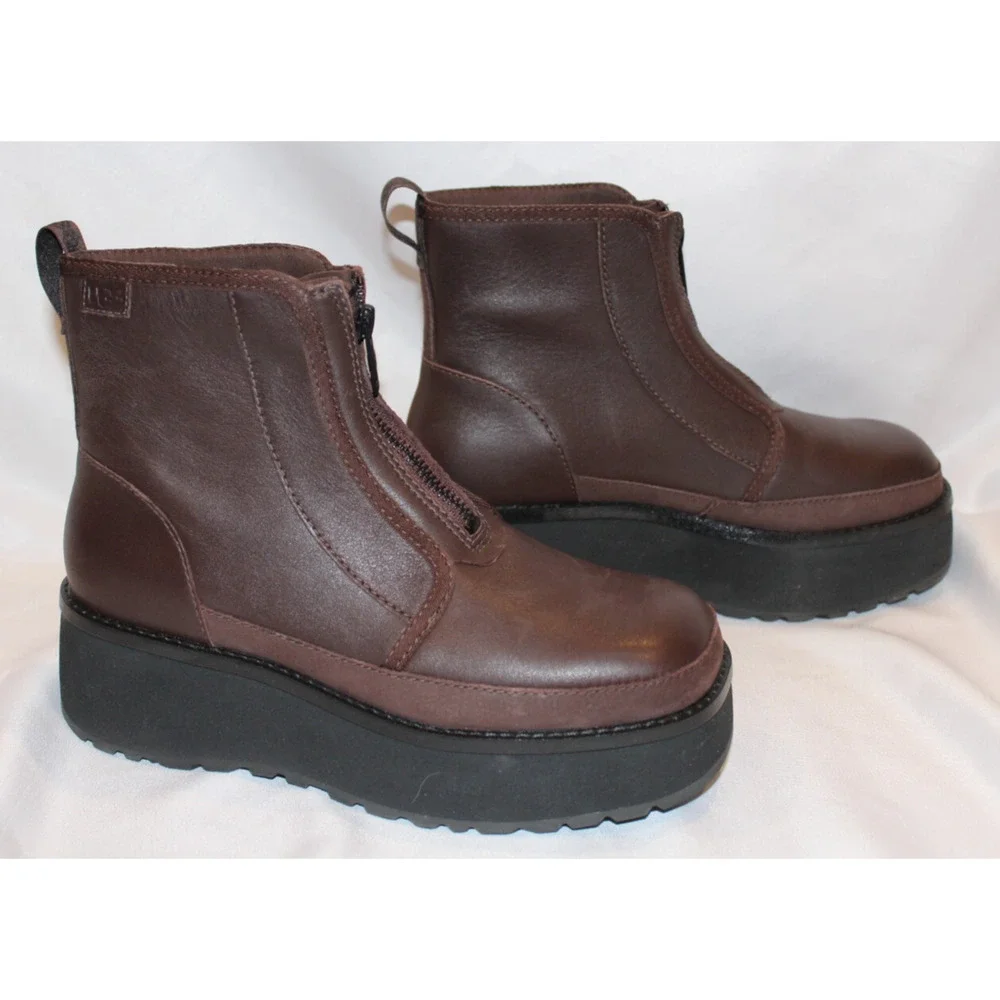 UGG CITYFUNC ZIP BURNT‎ CEDAR LEATHER WATERPROOF ZIP WOMEN'S BOOTS BROWN